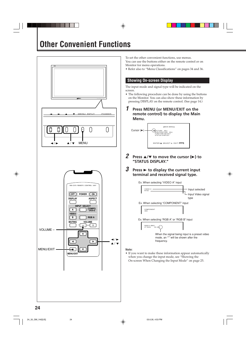 Other convenient functions, Showing on-screen display, Menu input power | JVC GM-V42UB User Manual | Page 26 / 44