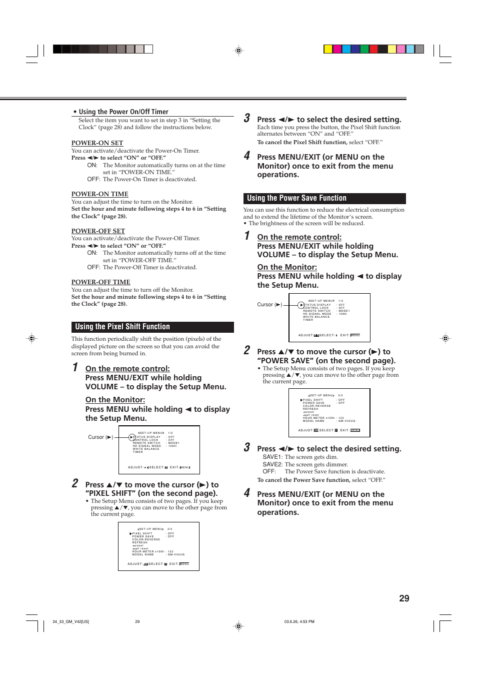 Using the pixel shift function, Press 2 / 3 to select the desired setting | JVC GM-V42UB User Manual | Page 31 / 44