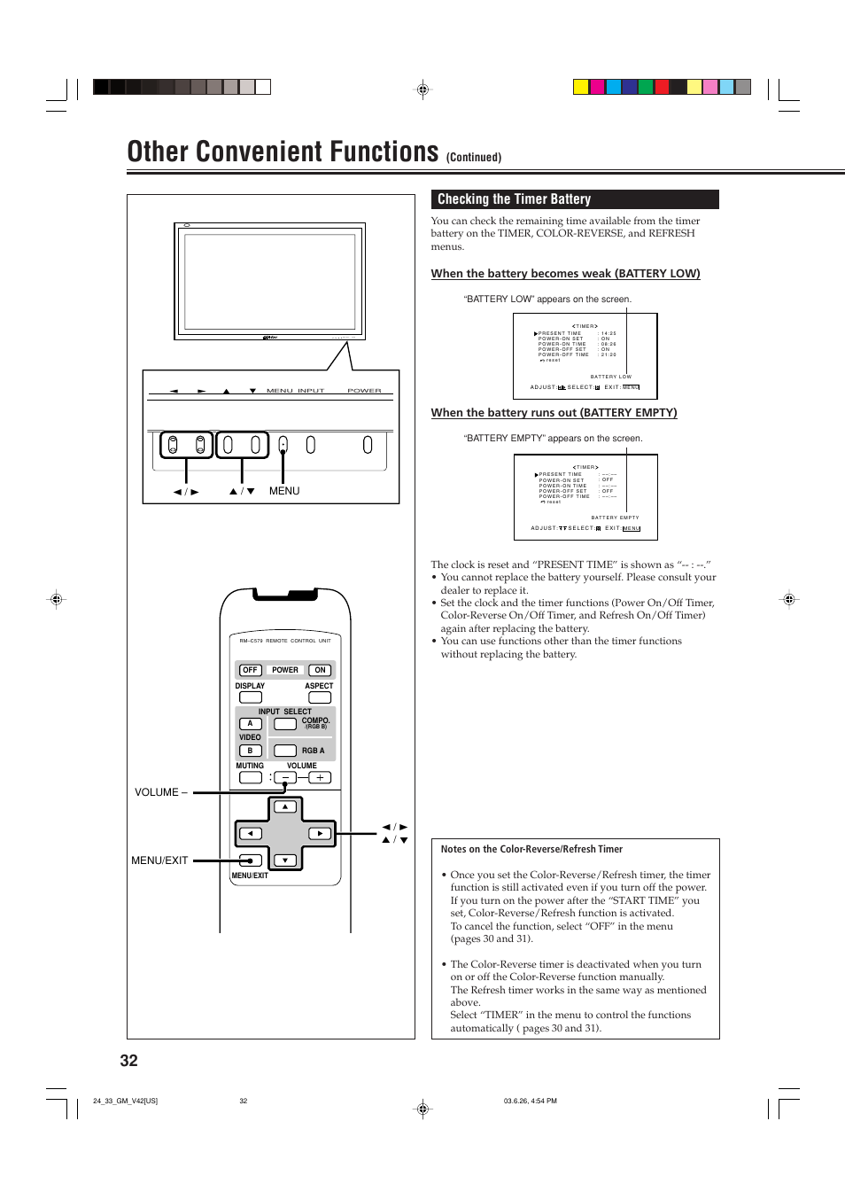 Other convenient functions, Checking the timer battery, Menu input power | When the battery becomes weak (battery low), When the battery runs out (battery empty), Continued) | JVC GM-V42UB User Manual | Page 34 / 44