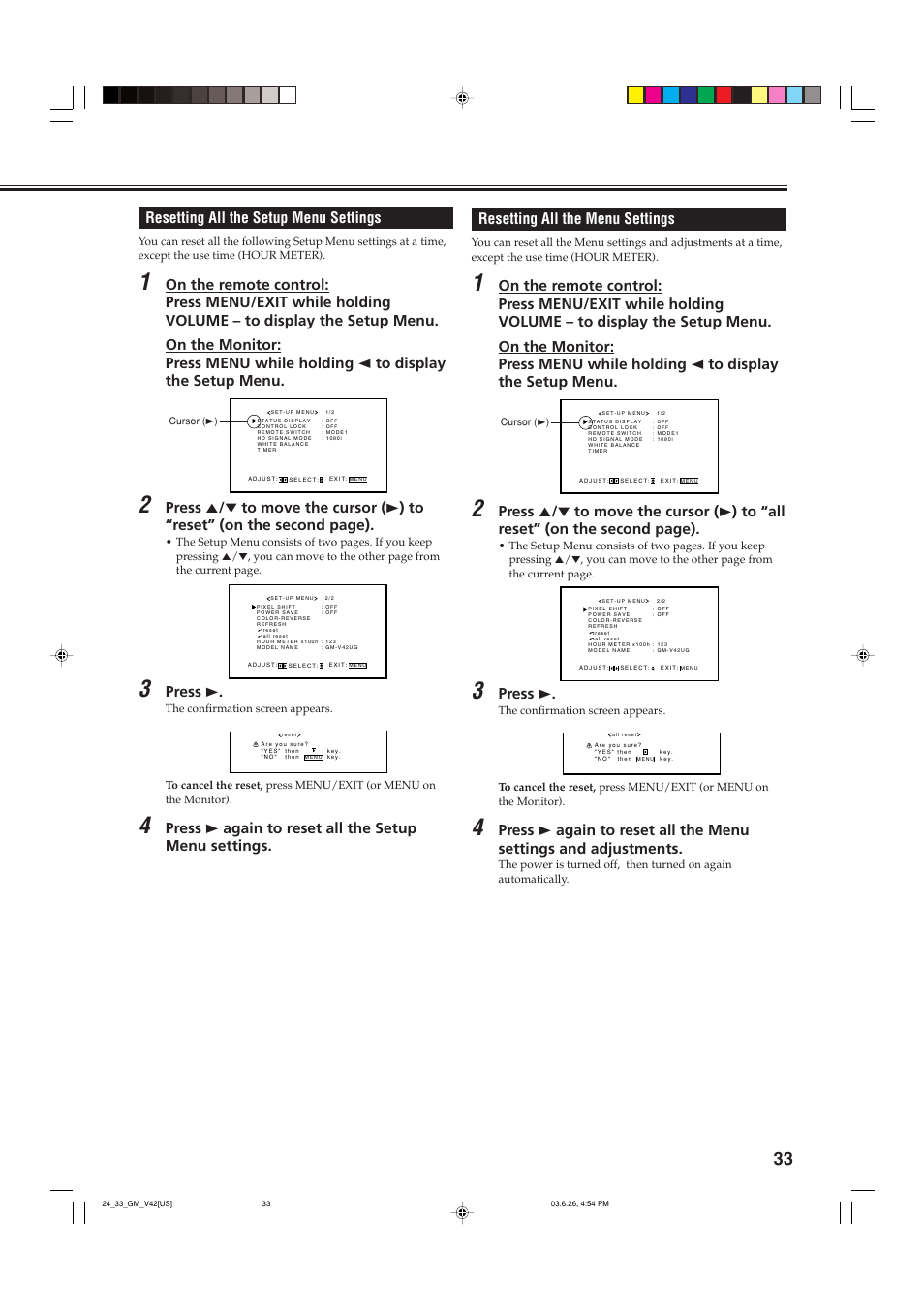 Resetting all the menu settings, Press 3, Resetting all the setup menu settings | Press 3 again to reset all the setup menu settings | JVC GM-V42UB User Manual | Page 35 / 44