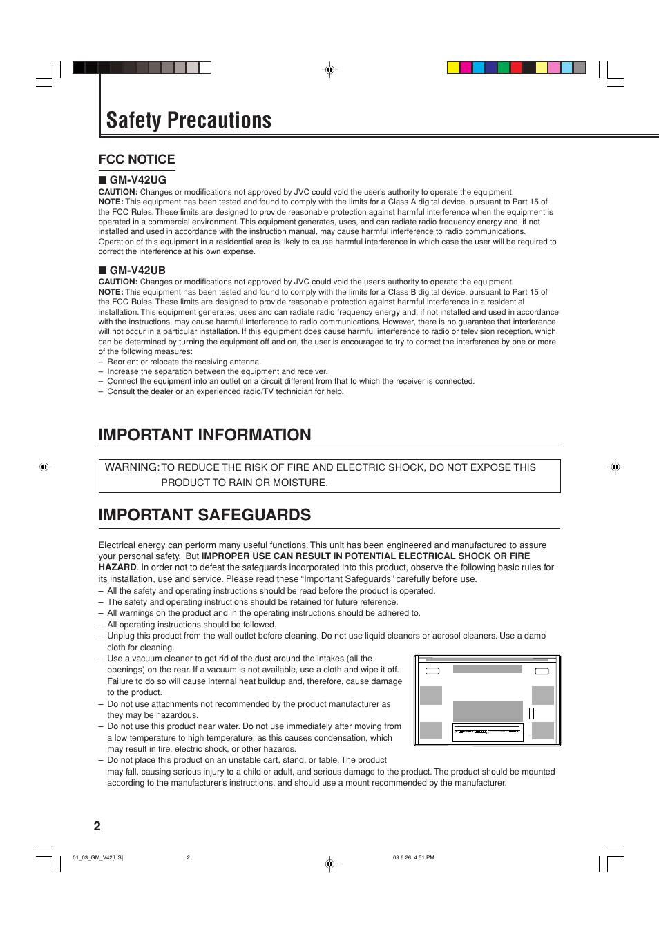 Safety precautions, Important information, Important safeguards | Fcc notice | JVC GM-V42UB User Manual | Page 4 / 44