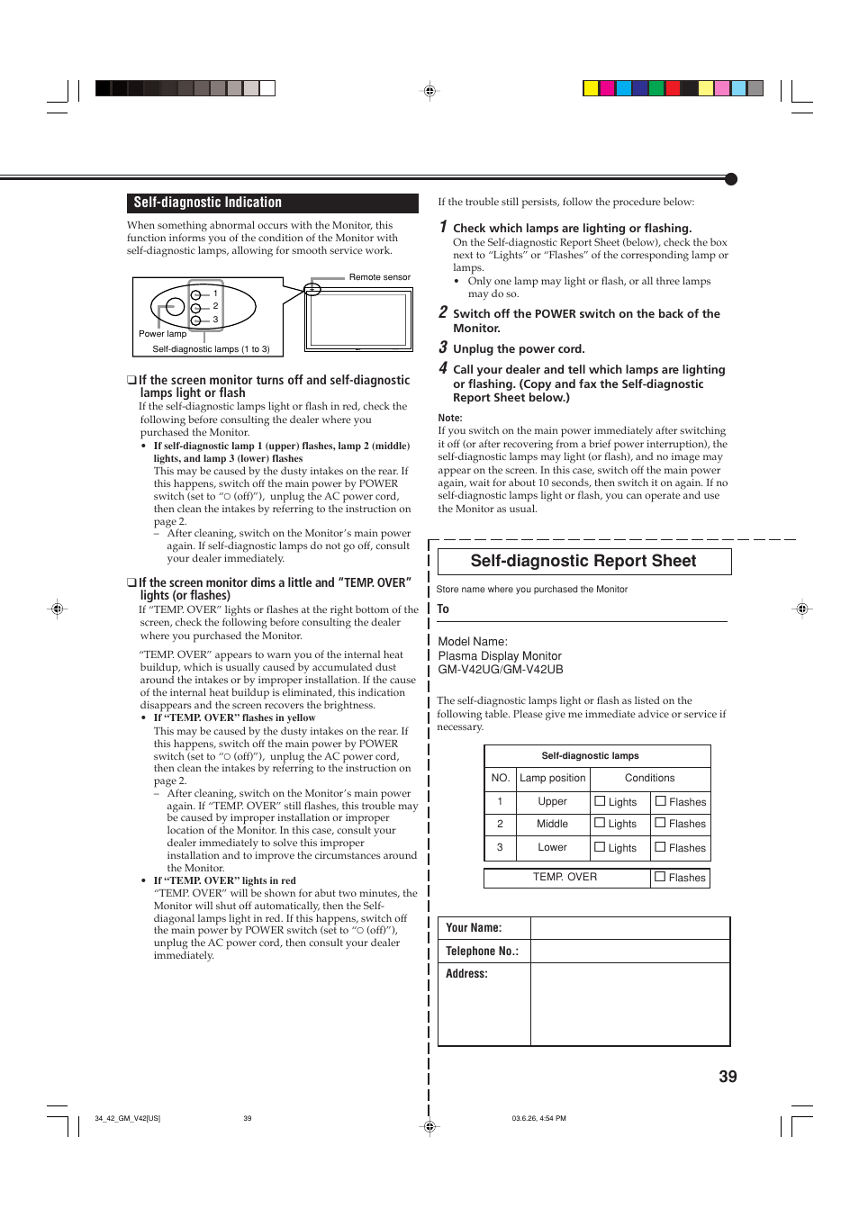 Self-diagnostic report sheet | JVC GM-V42UB User Manual | Page 41 / 44