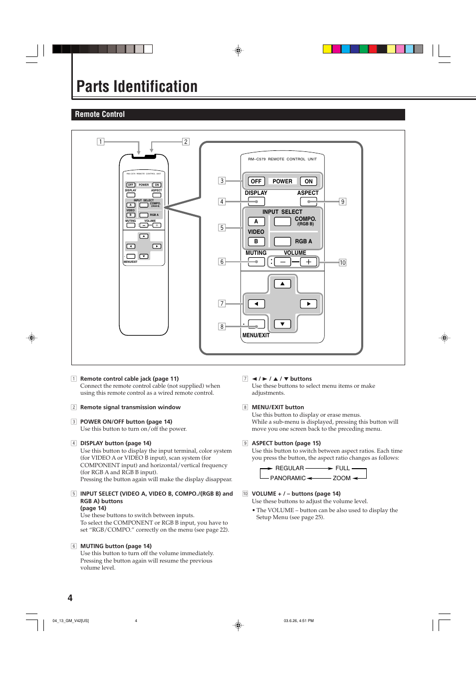 Parts identification, Remote control | JVC GM-V42UB User Manual | Page 6 / 44