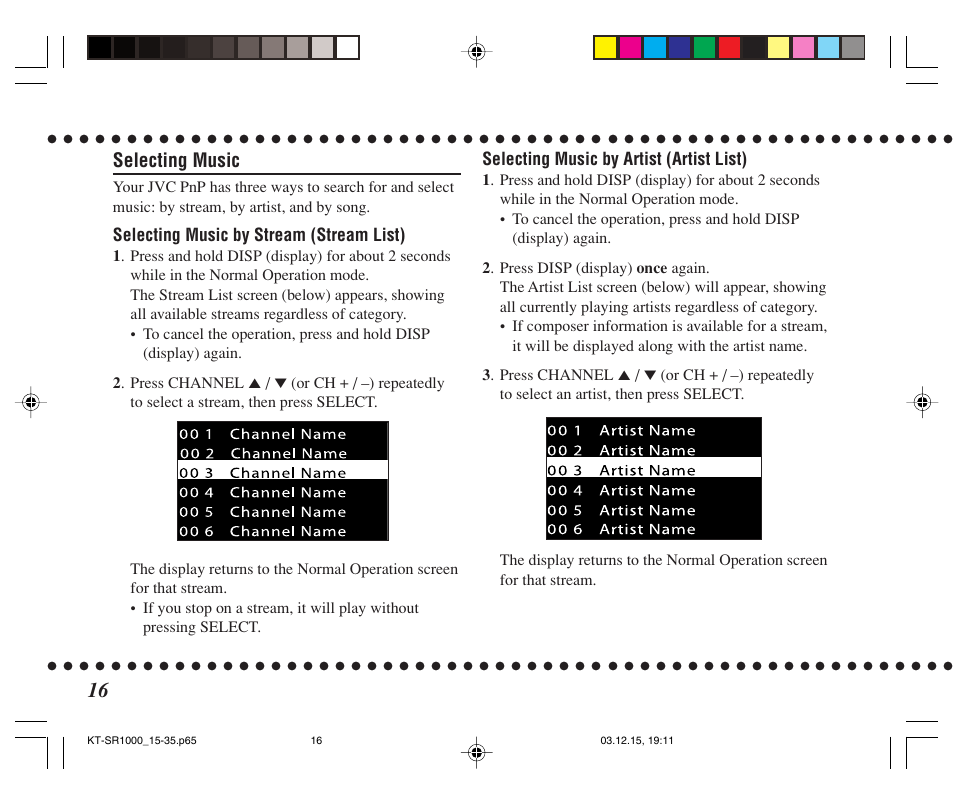 Selecting music | JVC SIRIUS KT-SR1000 User Manual | Page 16 / 32