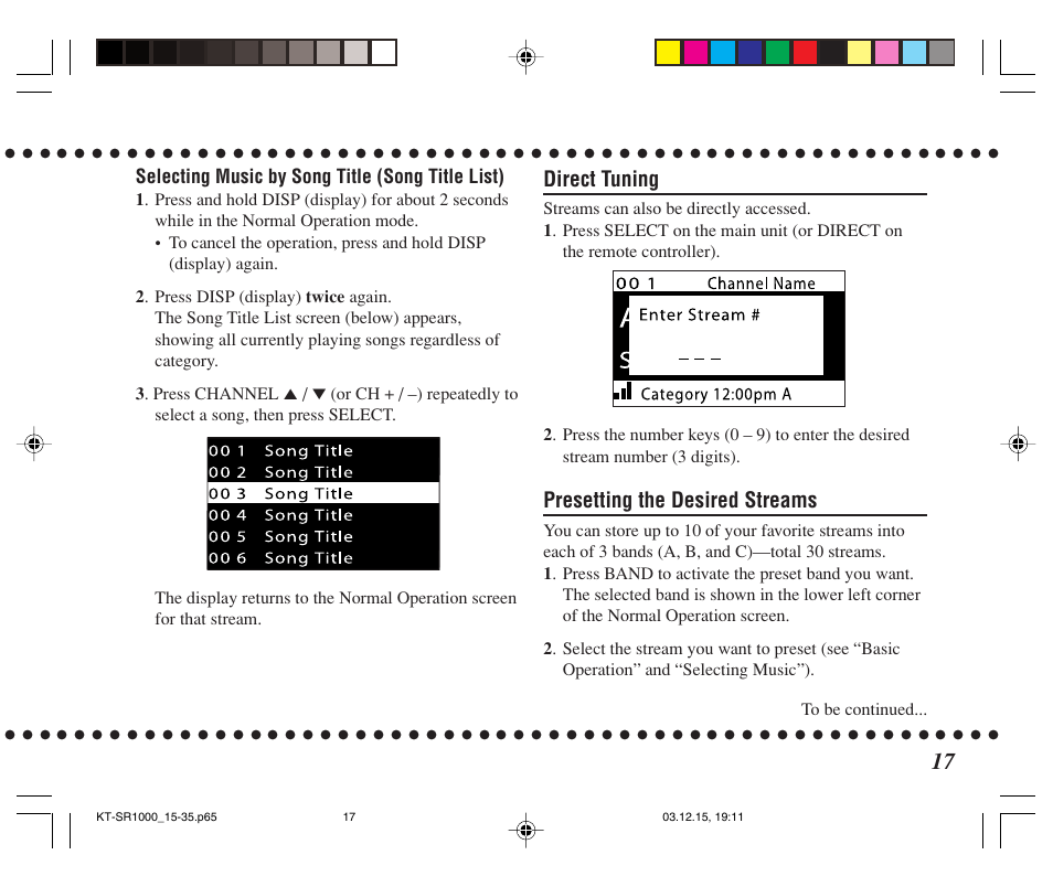 Direct tuning, Presetting the desired streams | JVC SIRIUS KT-SR1000 User Manual | Page 17 / 32