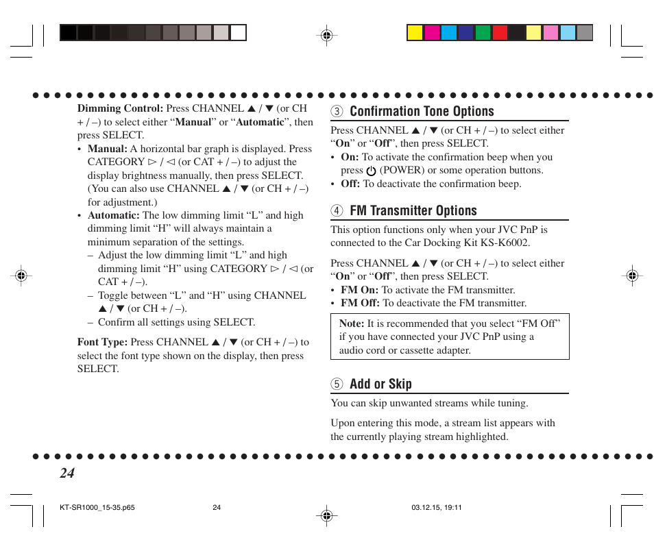 3 confirmation tone options, 4 fm transmitter options, 5 add or skip | JVC SIRIUS KT-SR1000 User Manual | Page 24 / 32