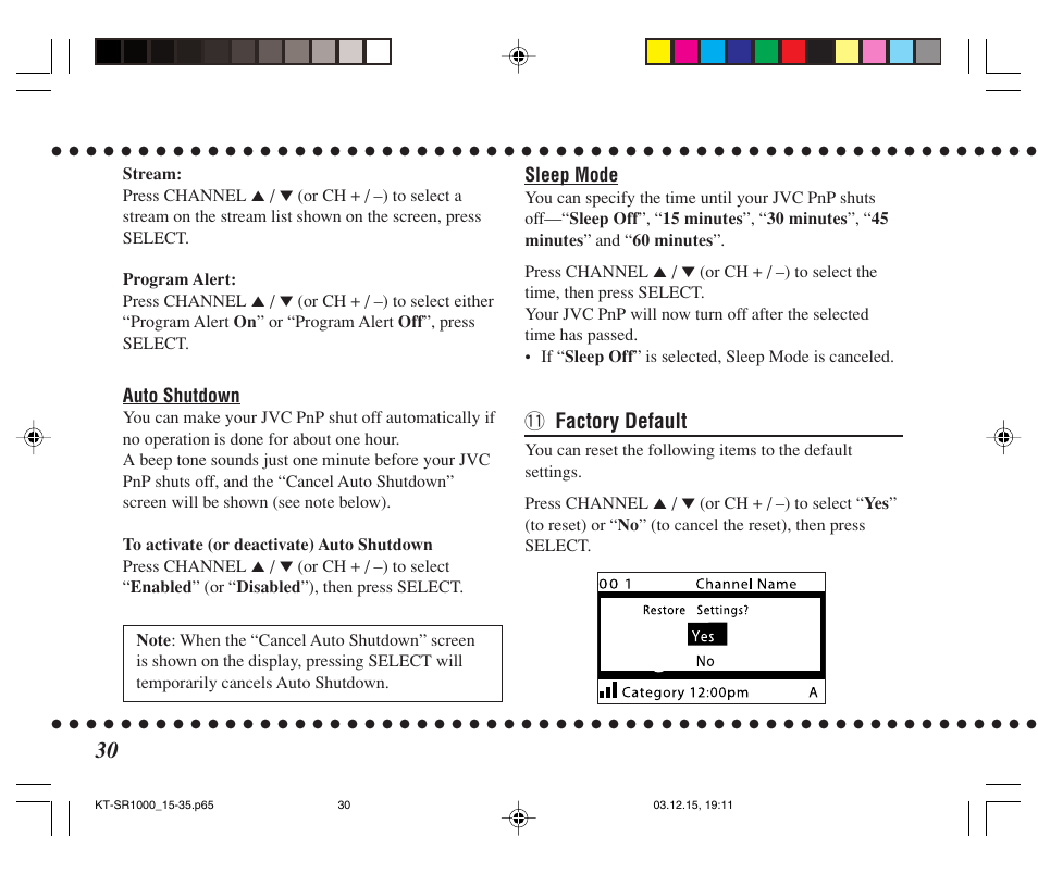 Factory default | JVC SIRIUS KT-SR1000 User Manual | Page 30 / 32