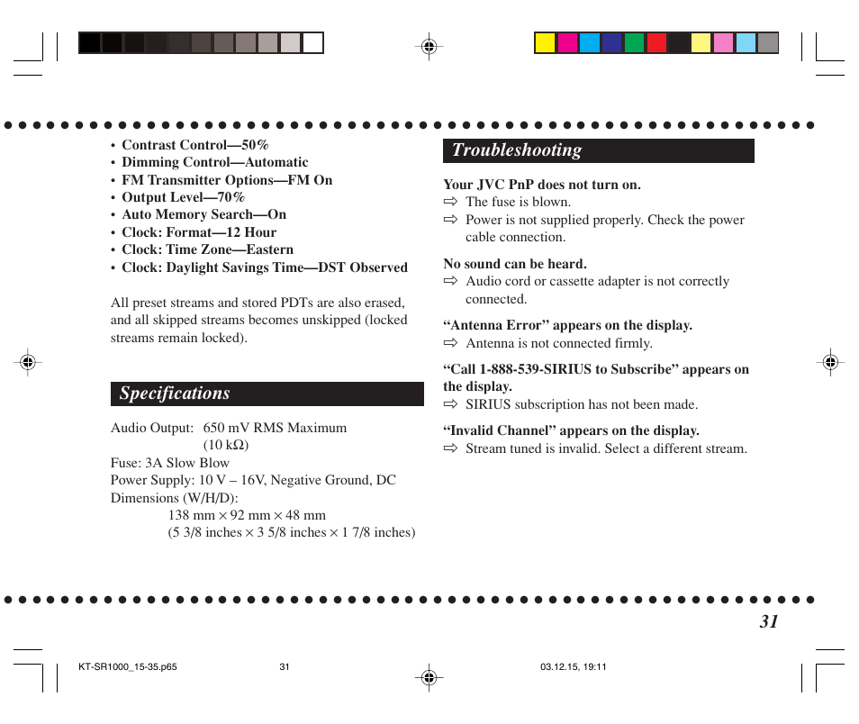 Specifications, Troubleshooting | JVC SIRIUS KT-SR1000 User Manual | Page 31 / 32