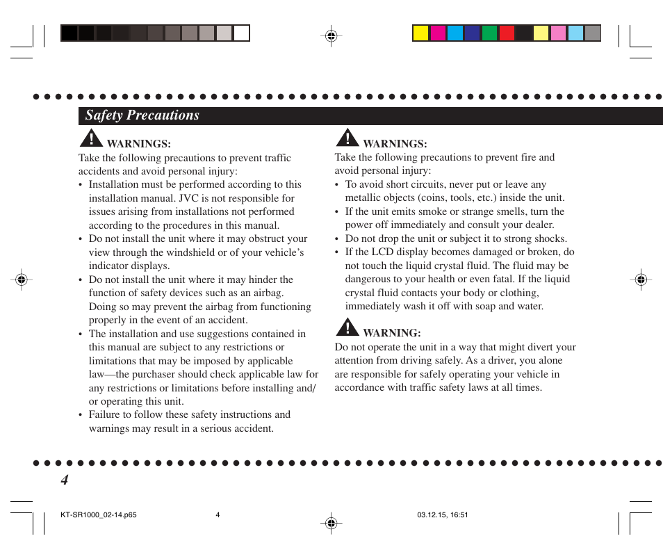 Safety precautions | JVC SIRIUS KT-SR1000 User Manual | Page 4 / 32