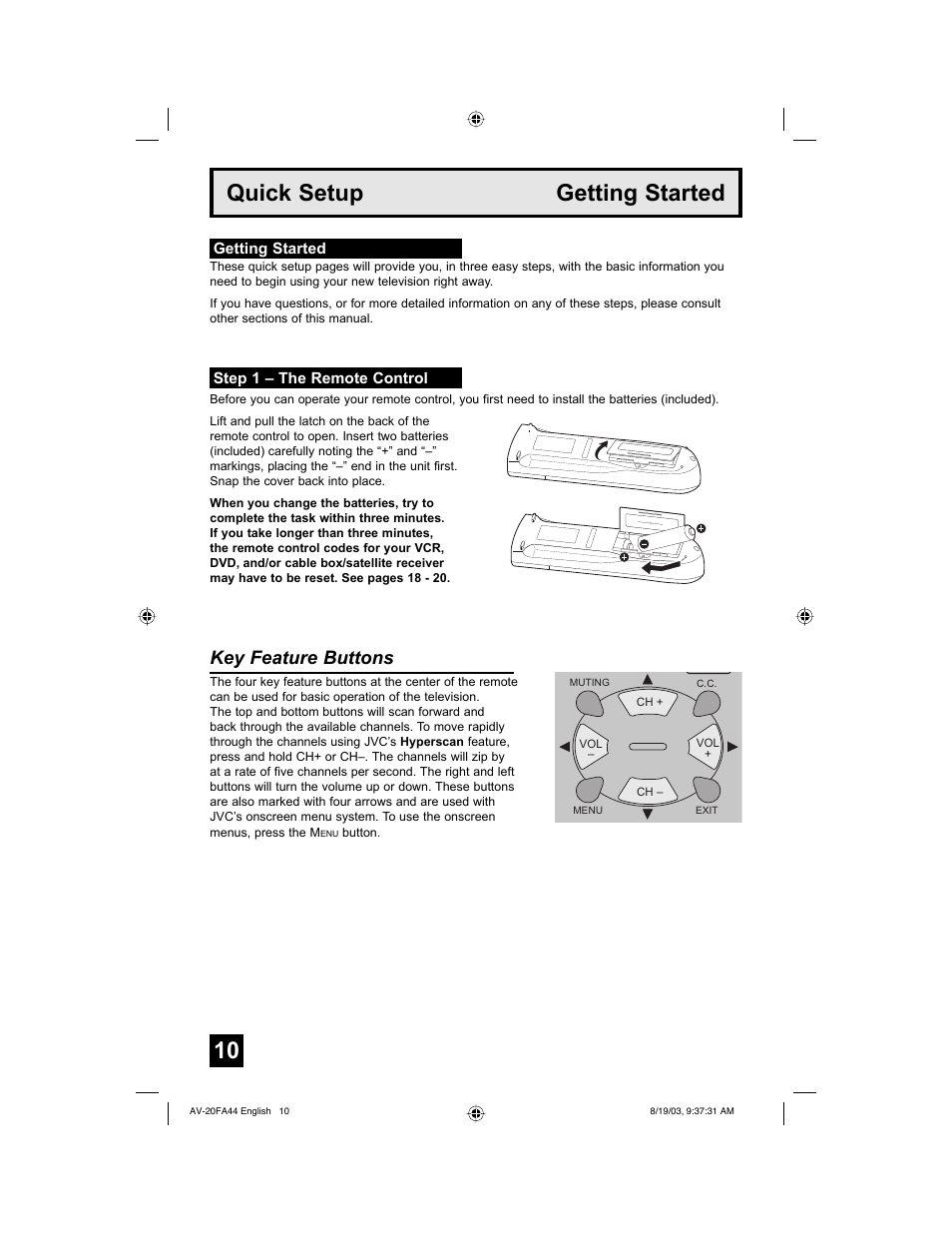 Getting started, Quick setup getting started, Key feature buttons | JVC AV 20FA44 User Manual | Page 10 / 52