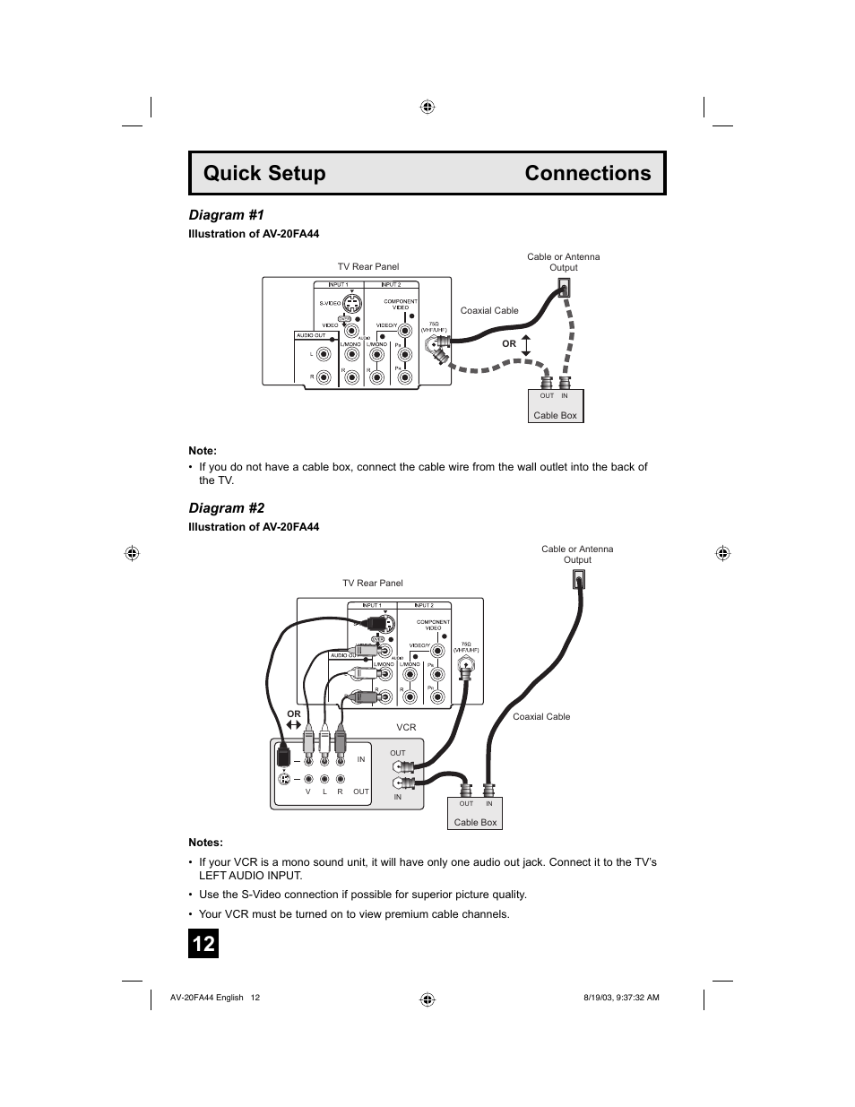 Quick setup connections, Diagram #1, Diagram #2 | JVC AV 20FA44 User Manual | Page 12 / 52
