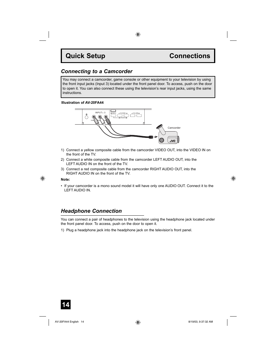 Quick setup connections, Connecting to a camcorder, Headphone connection | JVC AV 20FA44 User Manual | Page 14 / 52