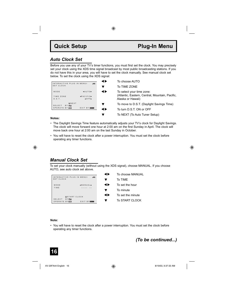 Quick setup plug-in menu, Manual clock set, Auto clock set (to be continued...) | JVC AV 20FA44 User Manual | Page 16 / 52