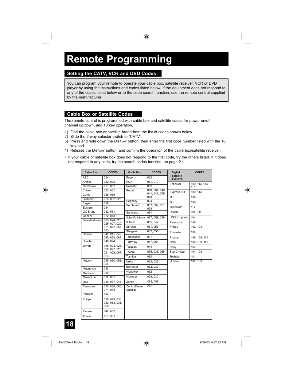 Remote programming, Setting the catv, vcr and dvd codes, Cable box or satellite codes | JVC AV 20FA44 User Manual | Page 18 / 52