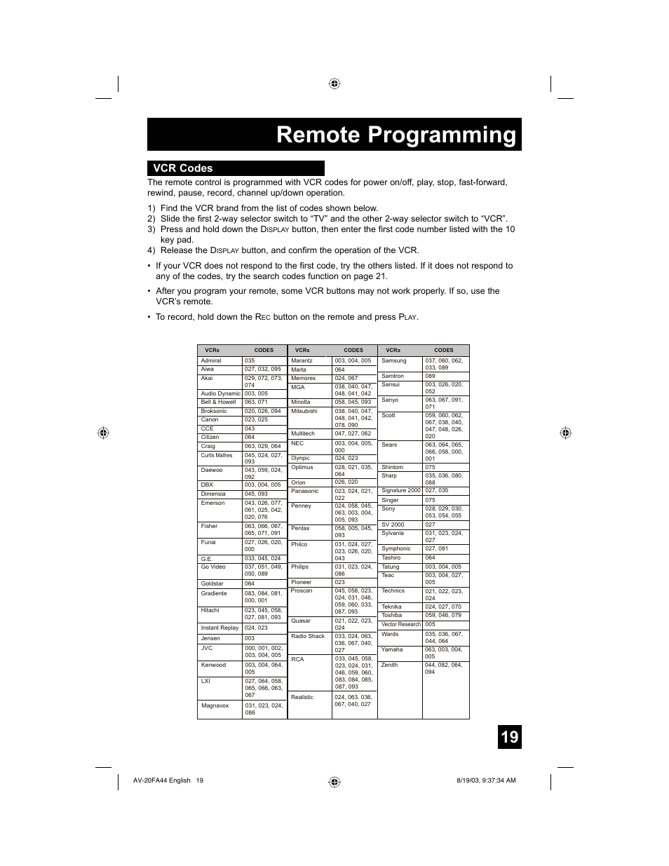 Vcr codes, Remote programming | JVC AV 20FA44 User Manual | Page 19 / 52