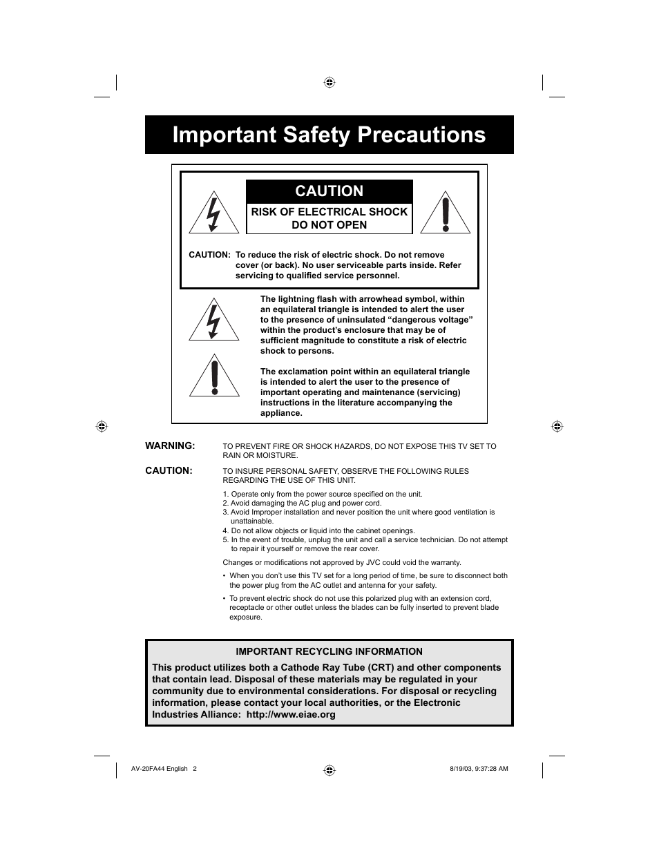 Important safety precautions, Caution, Risk of electrical shock do not open | JVC AV 20FA44 User Manual | Page 2 / 52