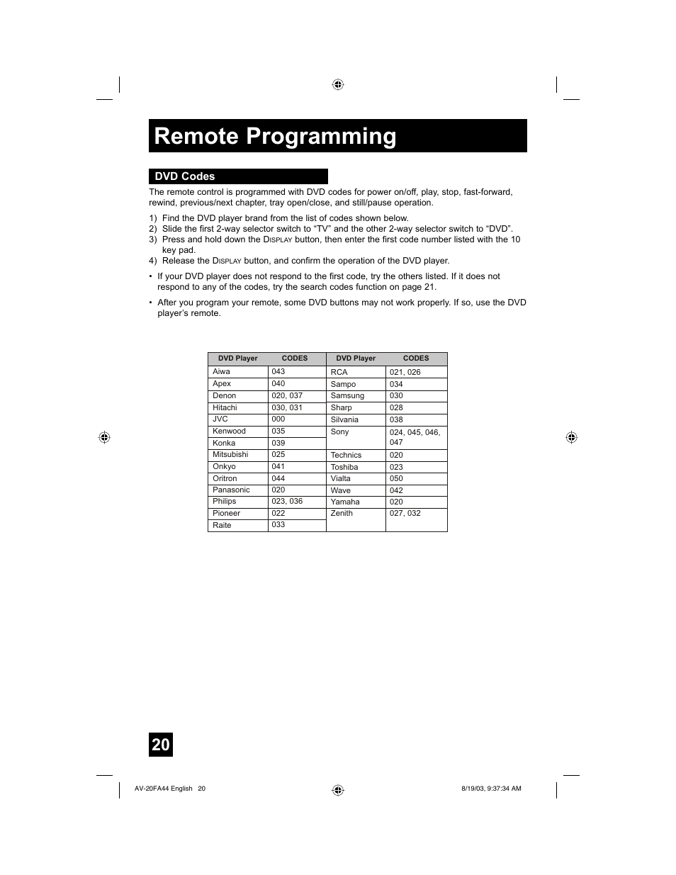 Dvd codes, Remote programming | JVC AV 20FA44 User Manual | Page 20 / 52
