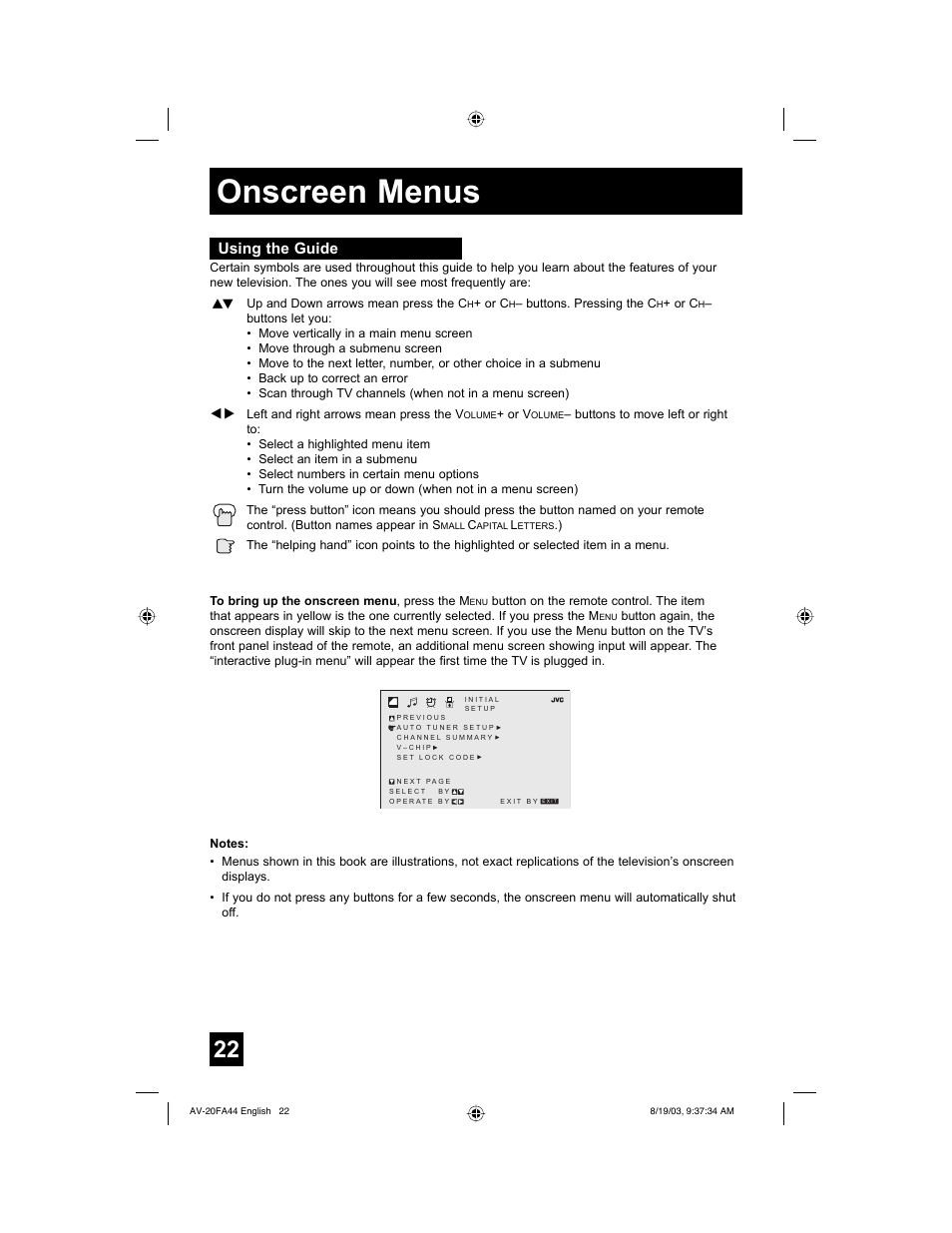 Onscreen menus, Using the guide | JVC AV 20FA44 User Manual | Page 22 / 52