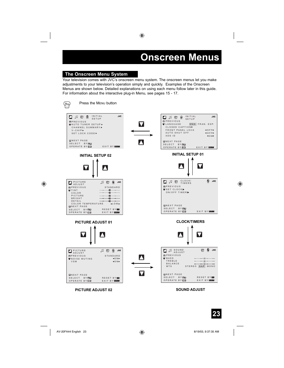 The onscreen menu system, Onscreen menus, Press the m | Button | JVC AV 20FA44 User Manual | Page 23 / 52