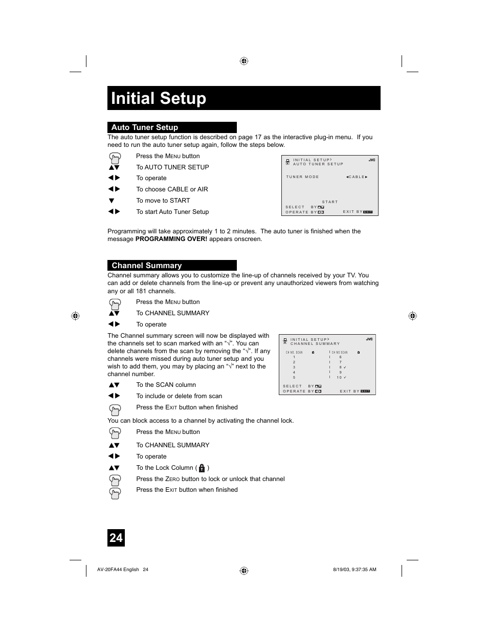 Initial setup, Auto tuner setup, Channel summary | JVC AV 20FA44 User Manual | Page 24 / 52