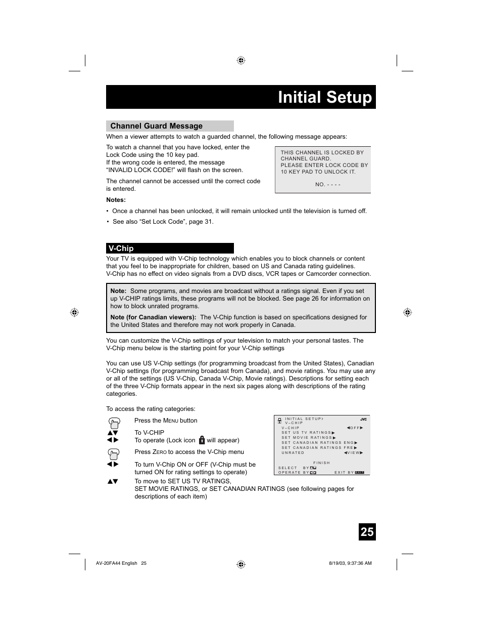 V-chip, Initial setup, Channel guard message | JVC AV 20FA44 User Manual | Page 25 / 52