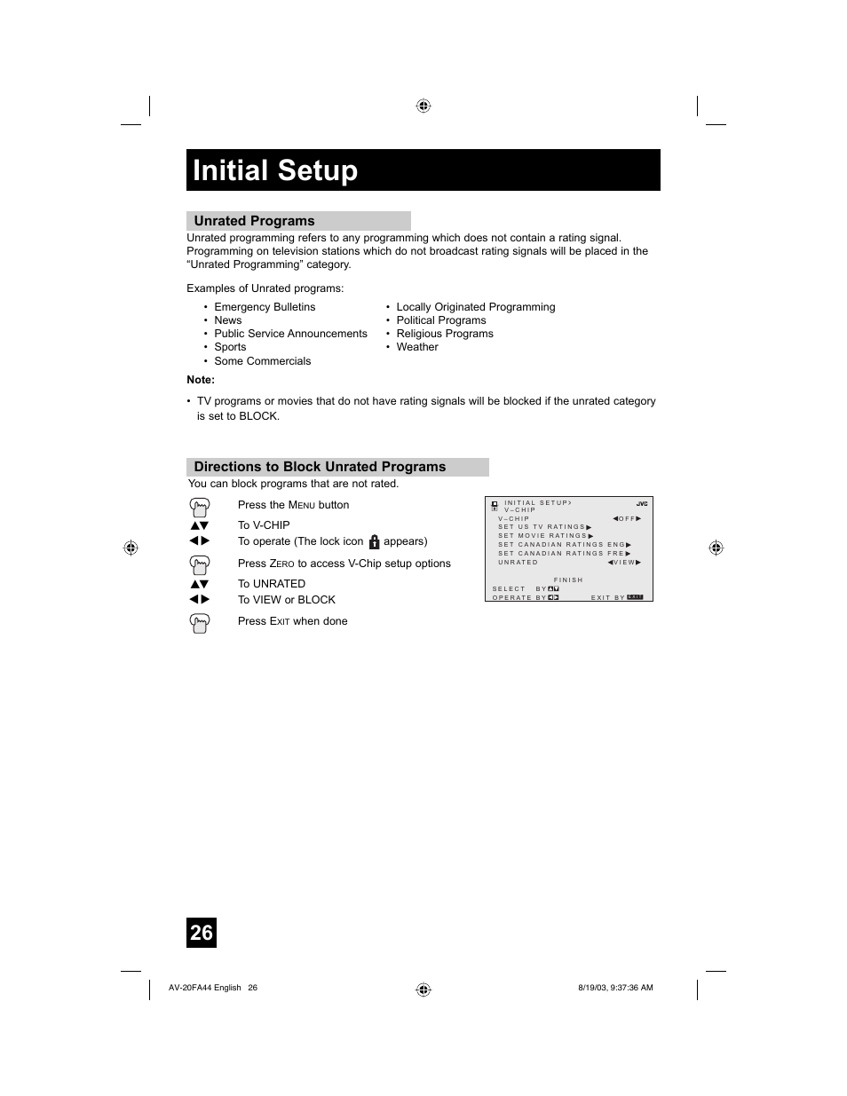 Initial setup, Directions to block unrated programs, Unrated programs | JVC AV 20FA44 User Manual | Page 26 / 52