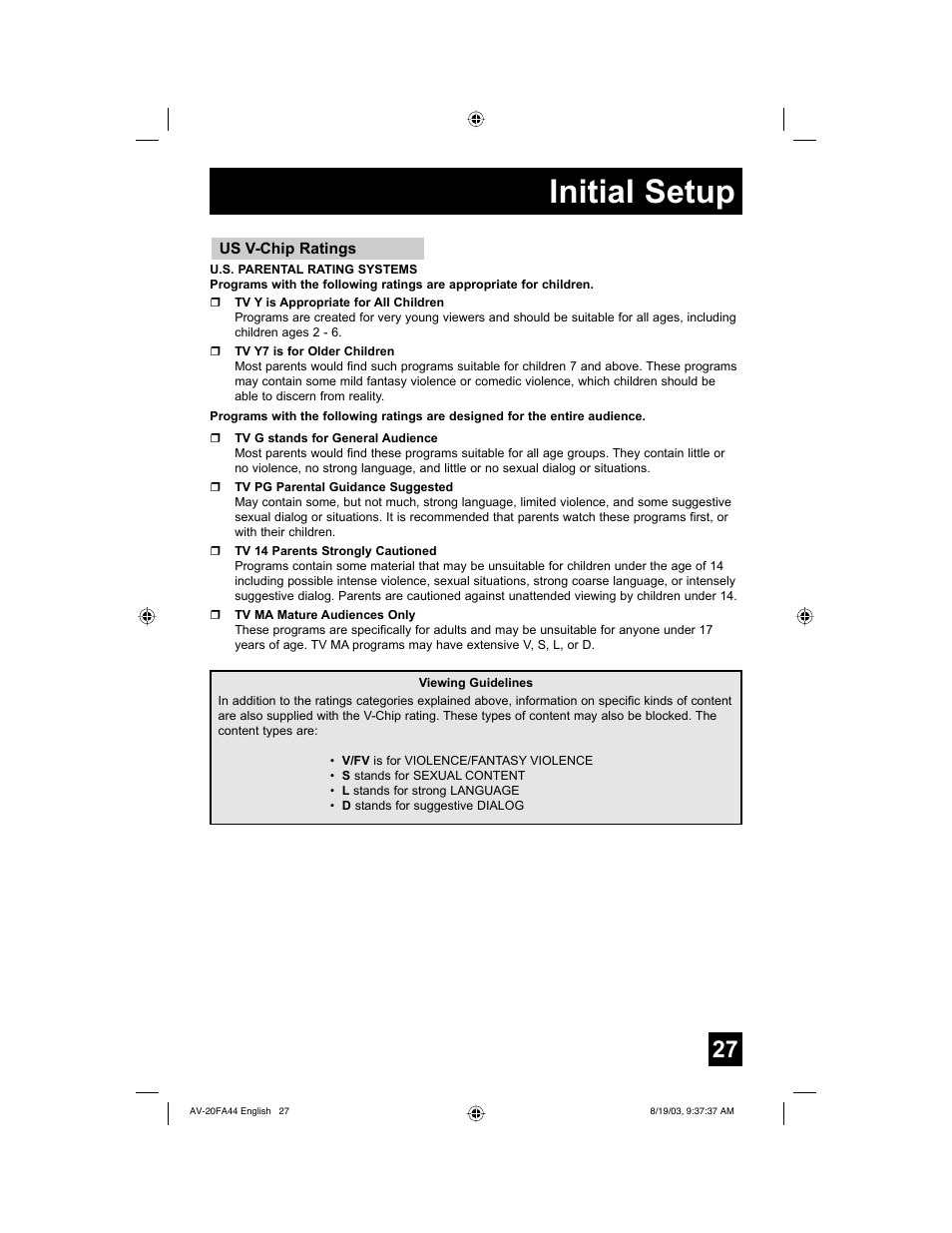 Initial setup | JVC AV 20FA44 User Manual | Page 27 / 52