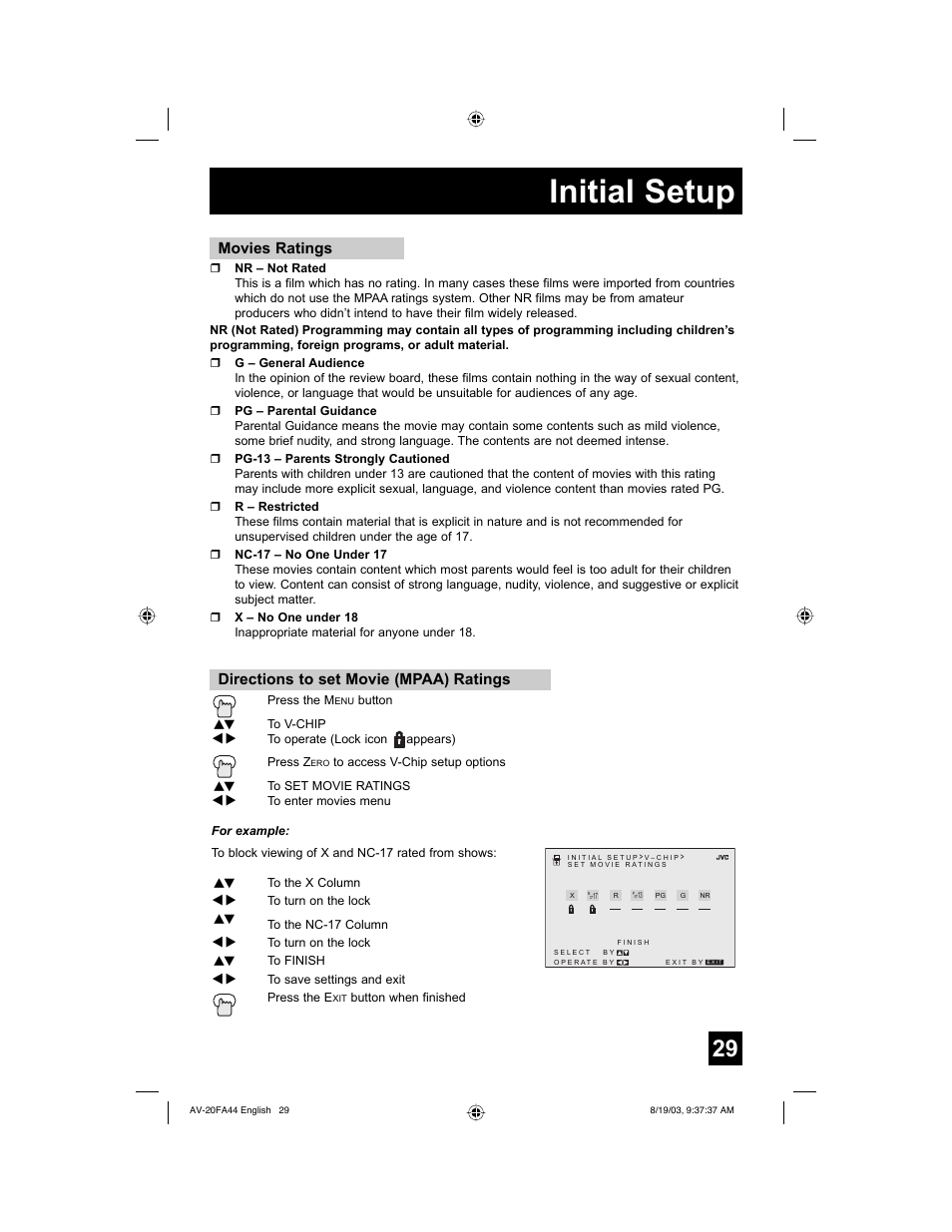 Initial setup, Movies ratings, Directions to set movie (mpaa) ratings | JVC AV 20FA44 User Manual | Page 29 / 52