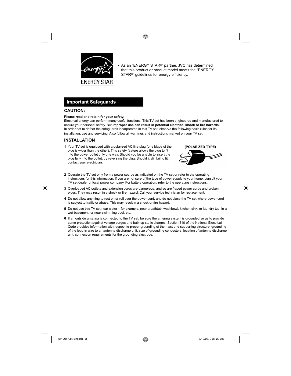 Important safeguards, Caution, Installation | JVC AV 20FA44 User Manual | Page 3 / 52