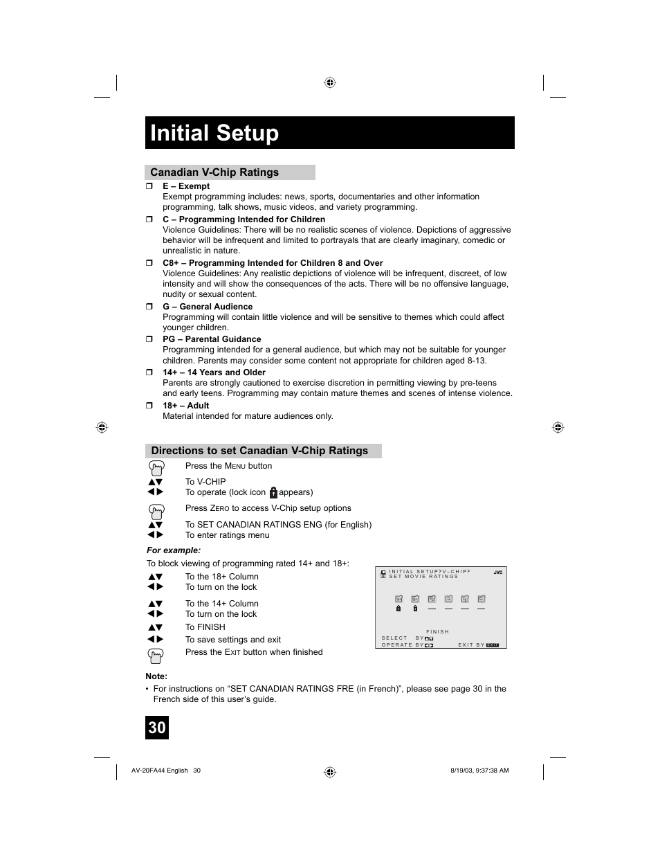 Initial setup, Directions to set canadian v-chip ratings, Canadian v-chip ratings | JVC AV 20FA44 User Manual | Page 30 / 52