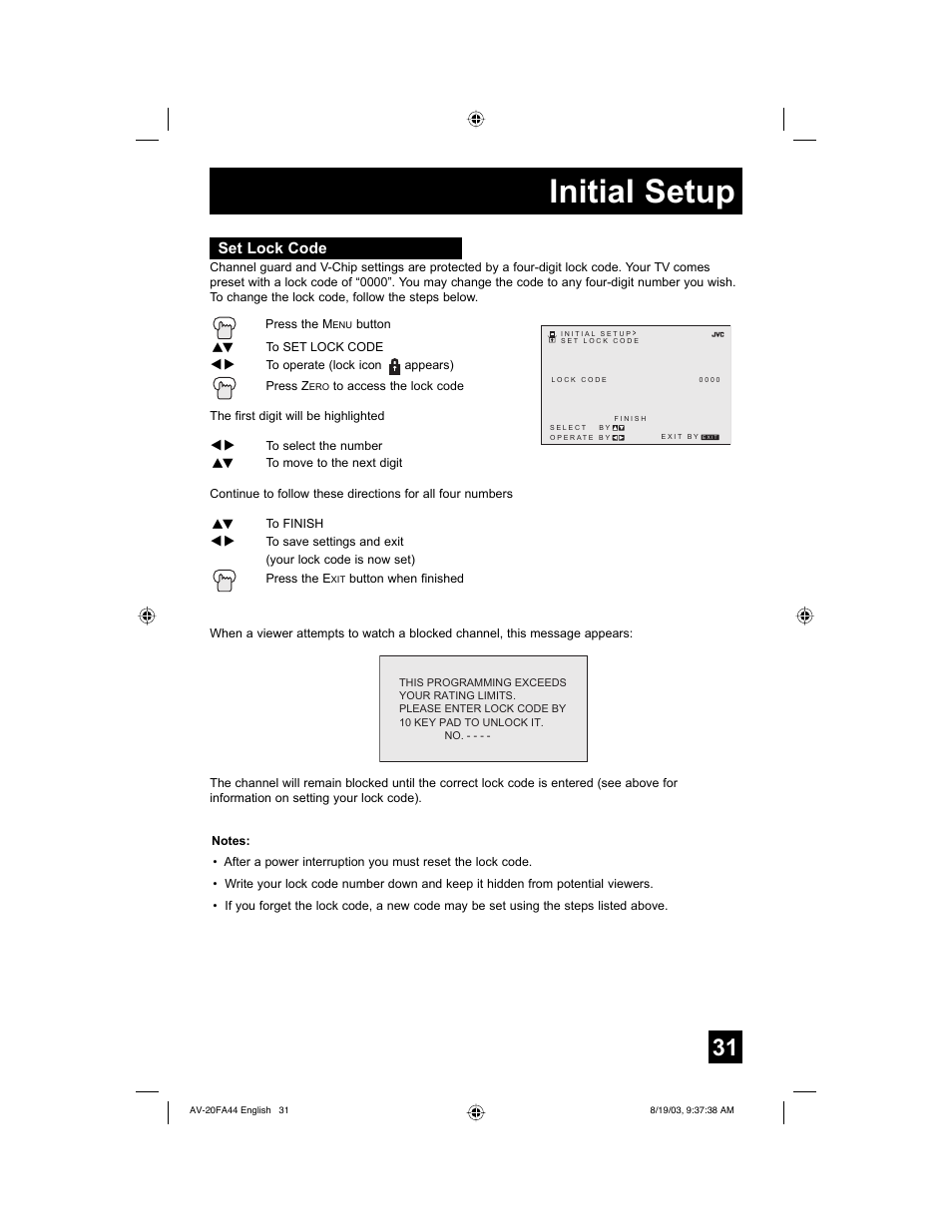 Set lock code, Initial setup | JVC AV 20FA44 User Manual | Page 31 / 52