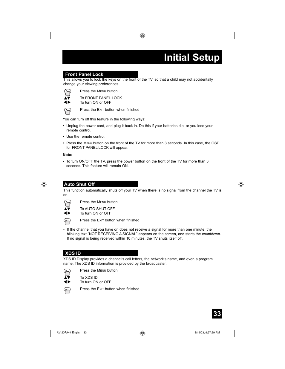 Front panel lock, Auto shut off, Xds id | Initial setup | JVC AV 20FA44 User Manual | Page 33 / 52