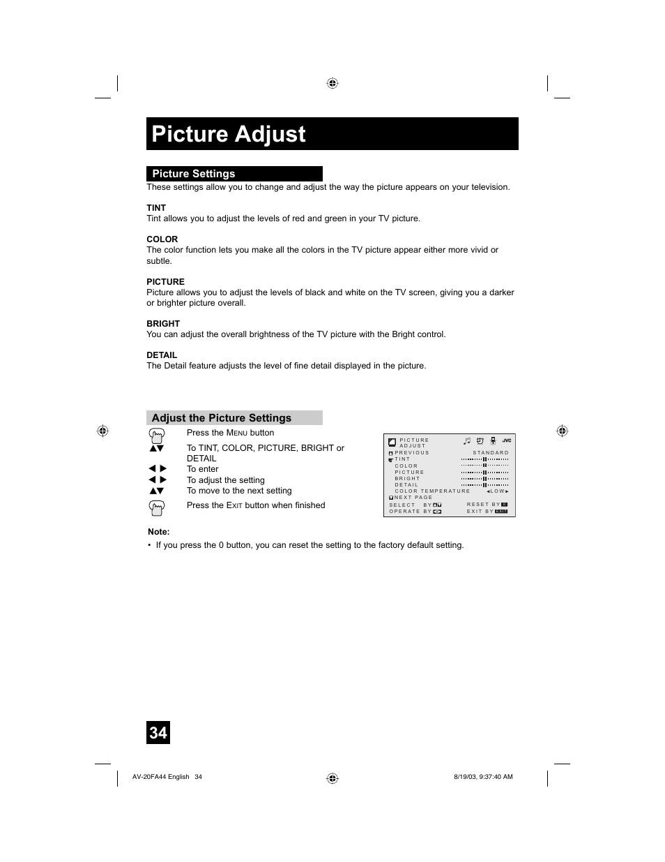 Picture adjust, Picture settings, Picture settings adjust the picture settings | JVC AV 20FA44 User Manual | Page 34 / 52
