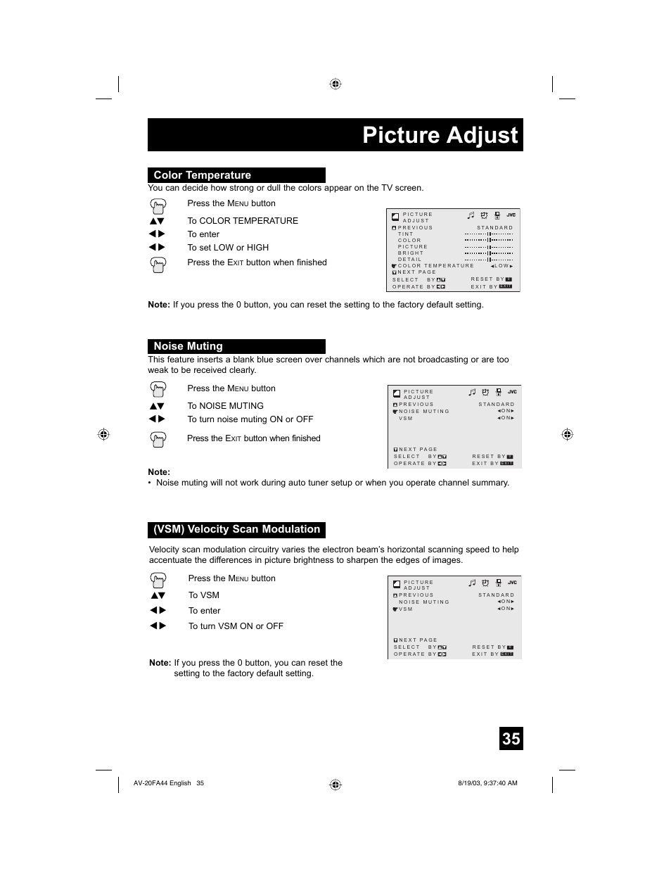 Color temperature, Noise muting, Vsm) velocity scan modulation | Picture adjust | JVC AV 20FA44 User Manual | Page 35 / 52