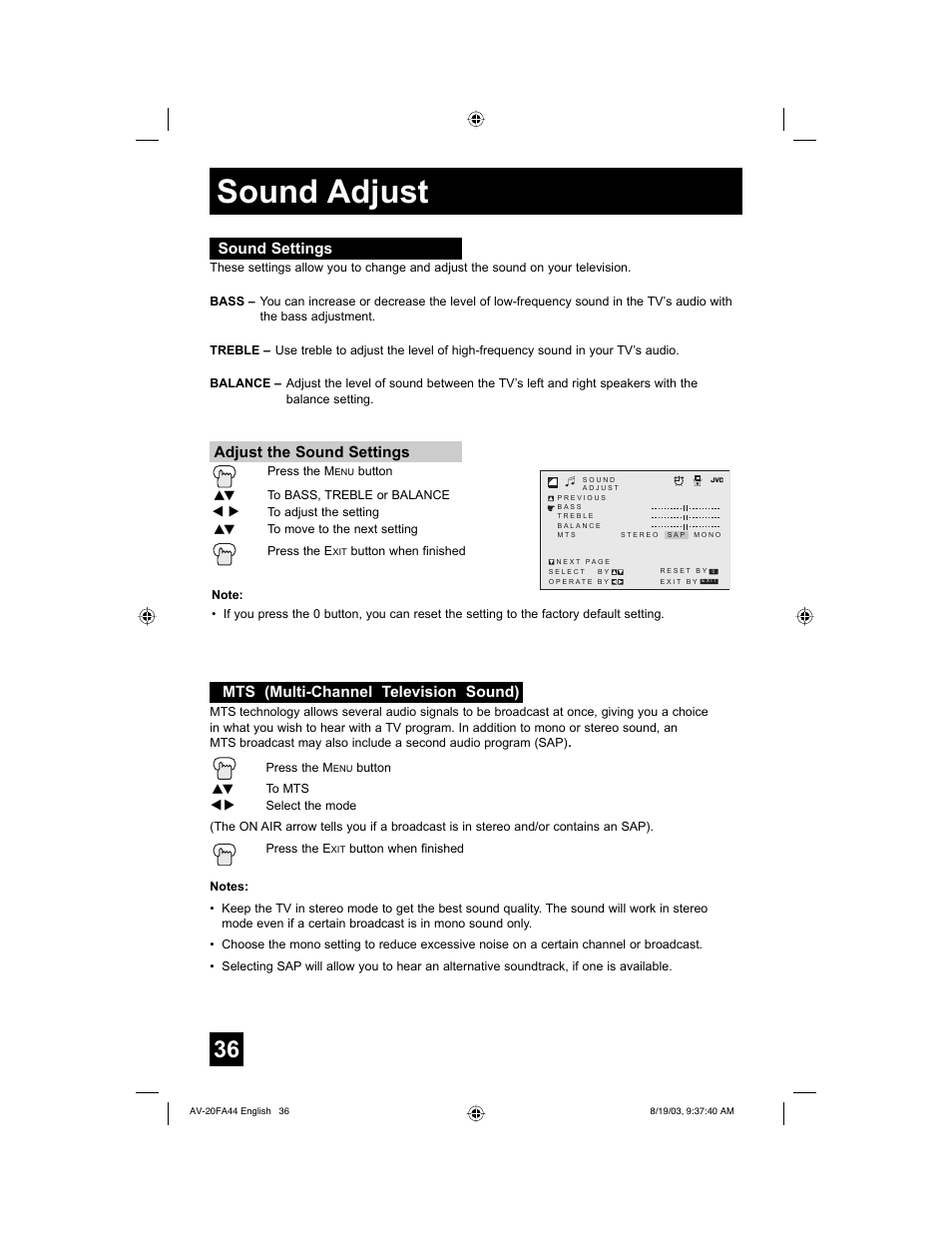 Sound adjust, Sound settings, Mts (multi-channel television sound) | JVC AV 20FA44 User Manual | Page 36 / 52