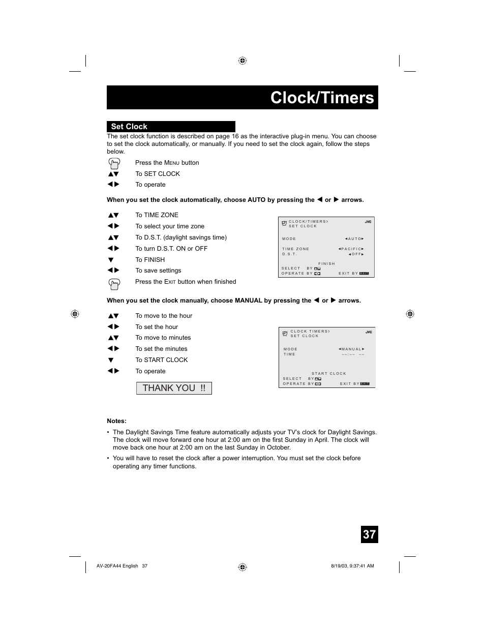Clock/timers, Set clock | JVC AV 20FA44 User Manual | Page 37 / 52