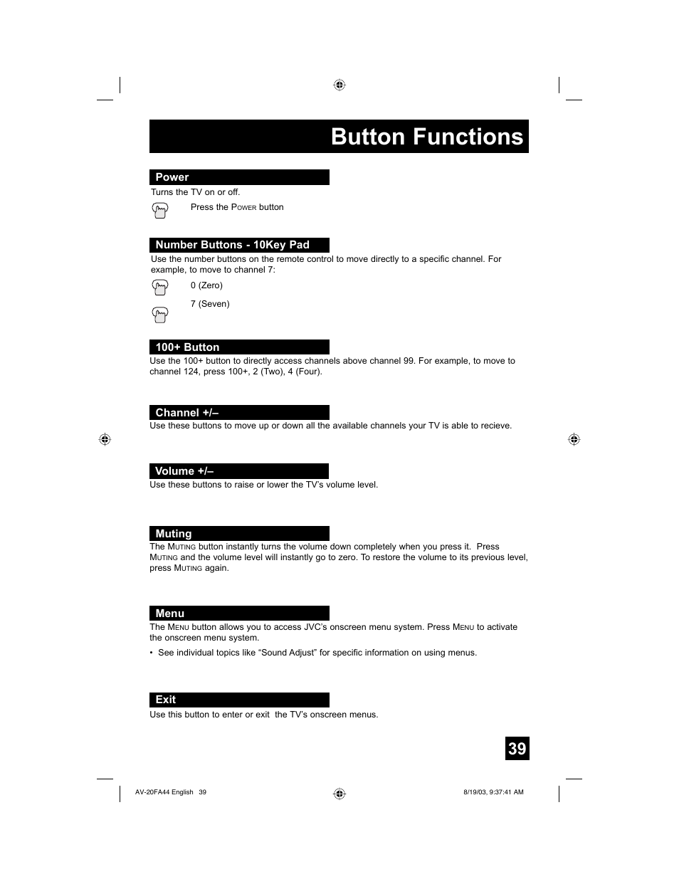 Button functions, Power, Number buttons - 10key pad | 100+ button, Channel, Volume, Muting, Menu, Exit | JVC AV 20FA44 User Manual | Page 39 / 52