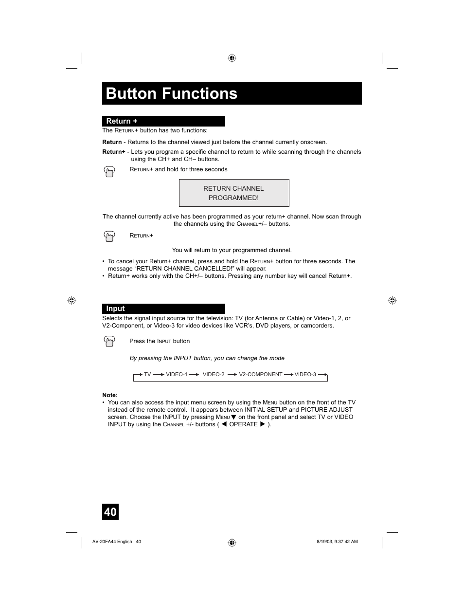 Return, Input, Button functions | JVC AV 20FA44 User Manual | Page 40 / 52