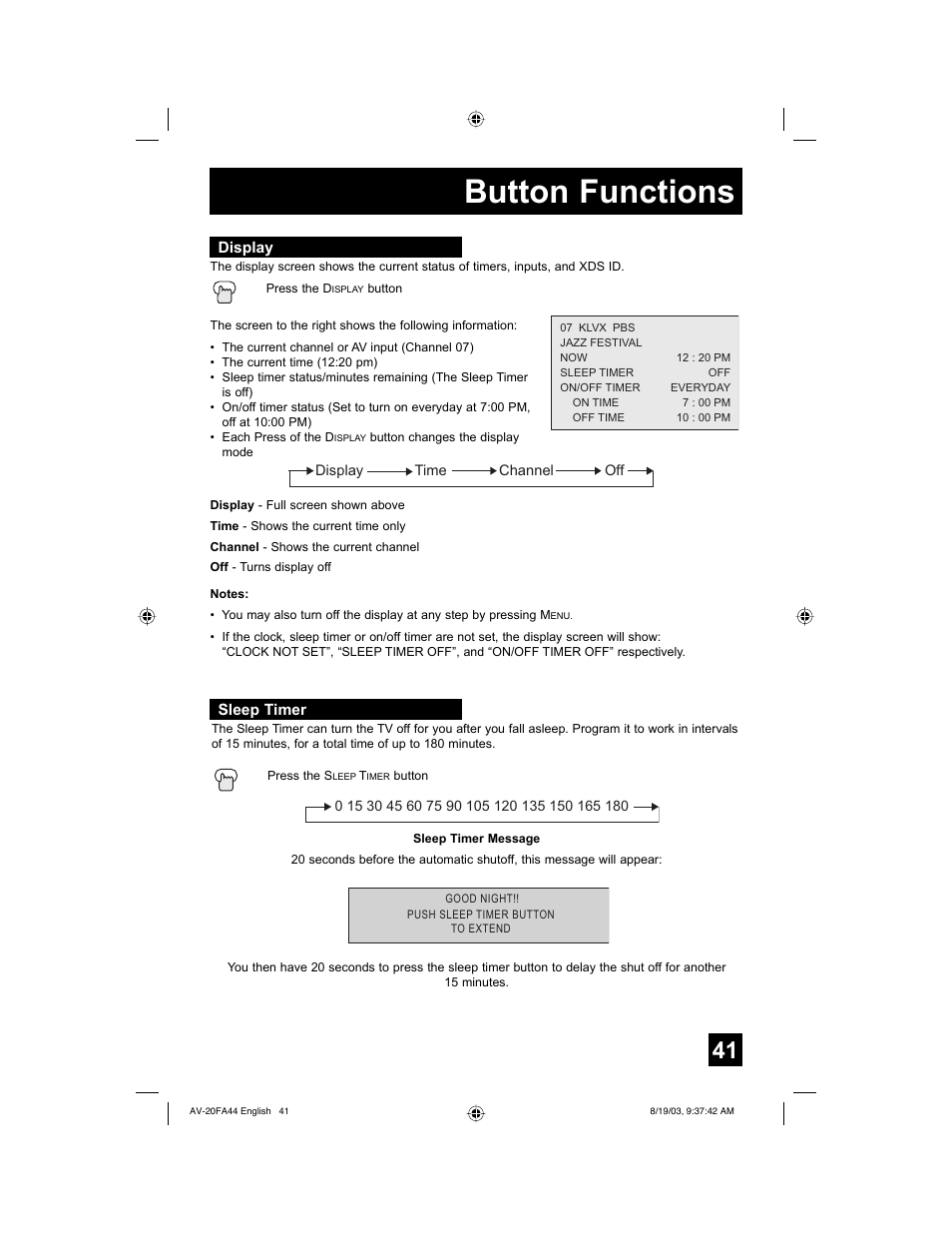 Display, Sleep timer, Button functions | JVC AV 20FA44 User Manual | Page 41 / 52