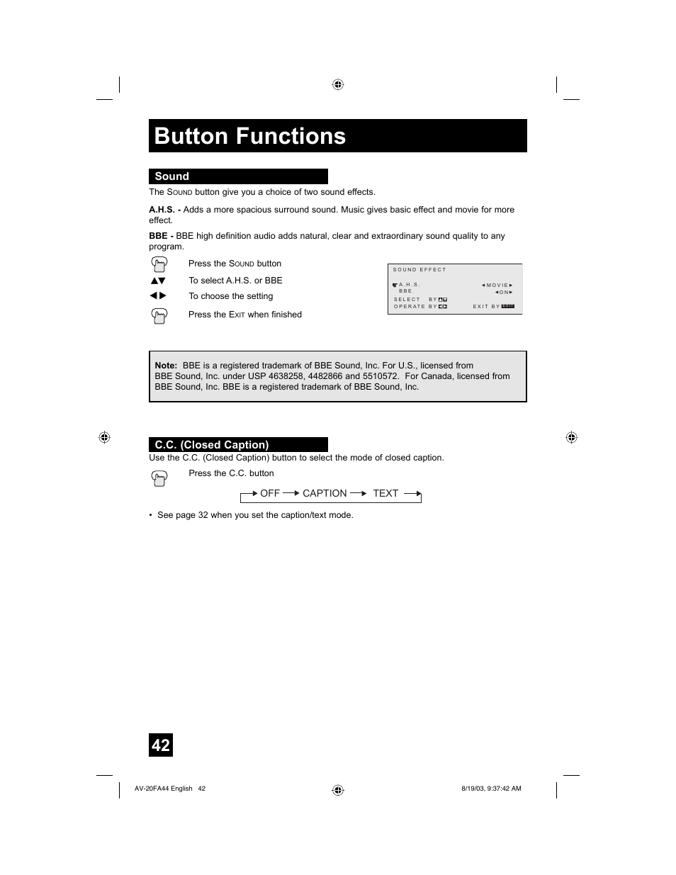 Sound, C.c. (closed caption), Button functions | JVC AV 20FA44 User Manual | Page 42 / 52