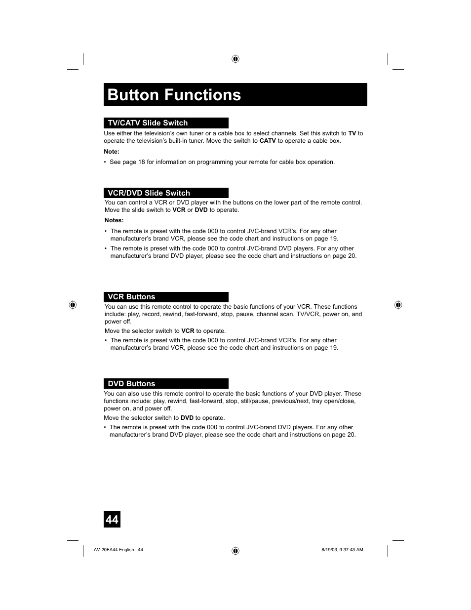 Tv/catv slide switch, Vcr/dvd slide switch, Vcr buttons | Dvd buttons, Button functions | JVC AV 20FA44 User Manual | Page 44 / 52