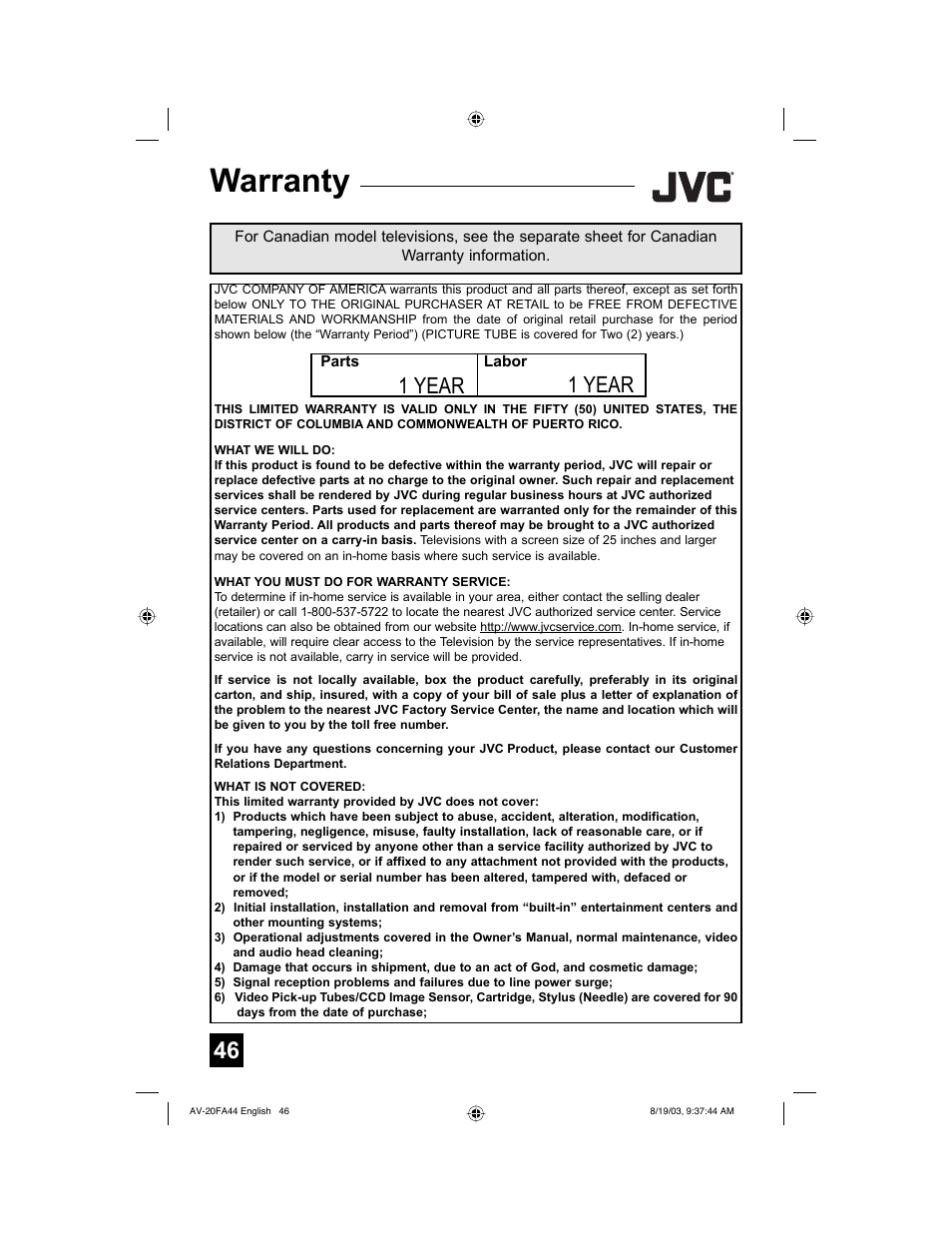 Warranty, 1 year | JVC AV 20FA44 User Manual | Page 46 / 52
