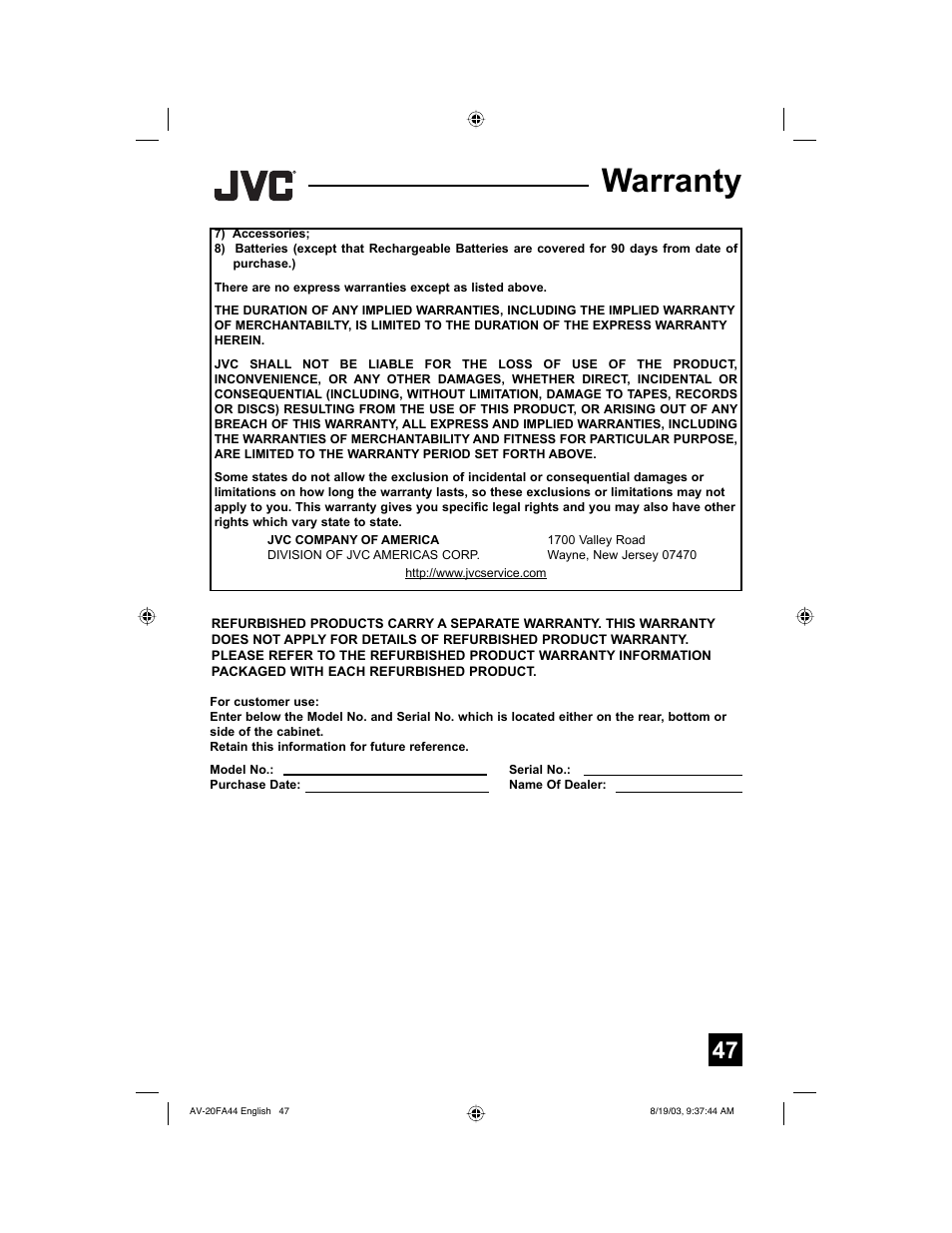 Warranty | JVC AV 20FA44 User Manual | Page 47 / 52