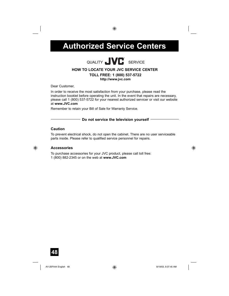 Authorized service centers | JVC AV 20FA44 User Manual | Page 48 / 52