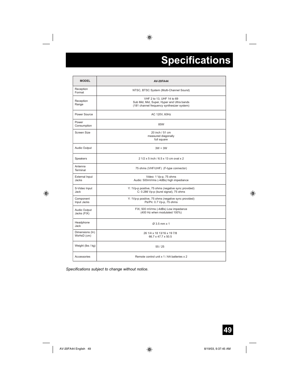 Specifications | JVC AV 20FA44 User Manual | Page 49 / 52