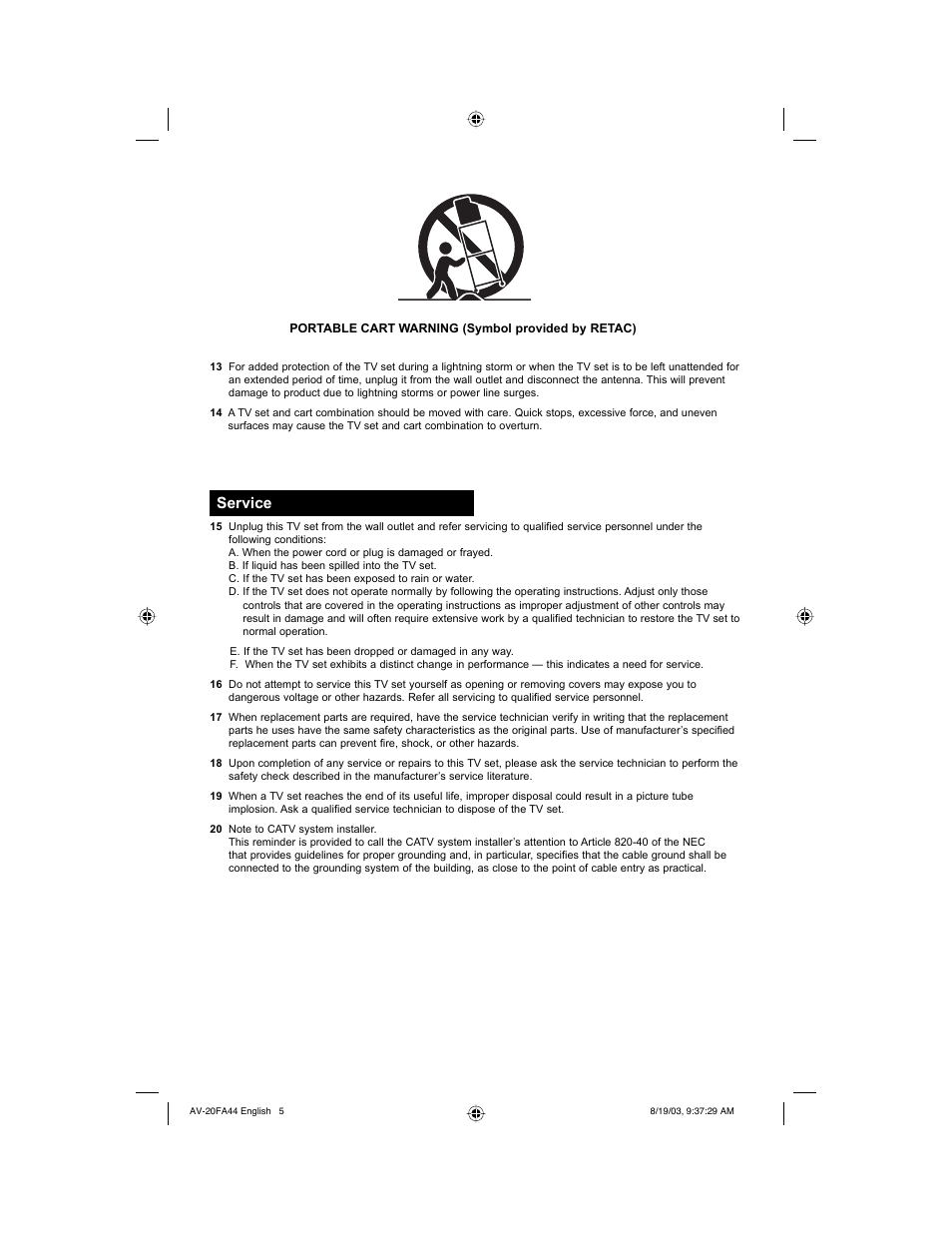 Service | JVC AV 20FA44 User Manual | Page 5 / 52