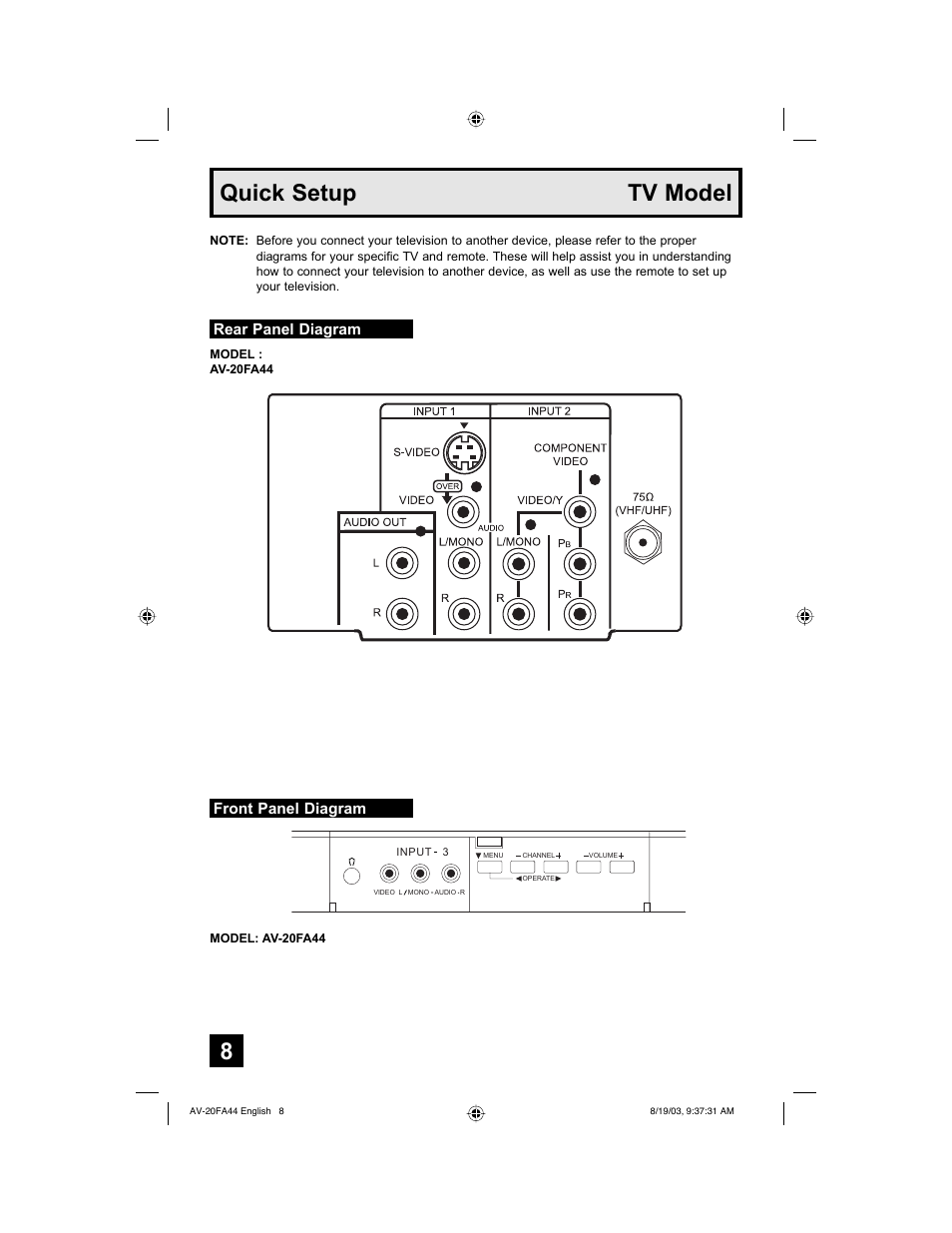 Tv model, Quick setup tv model | JVC AV 20FA44 User Manual | Page 8 / 52