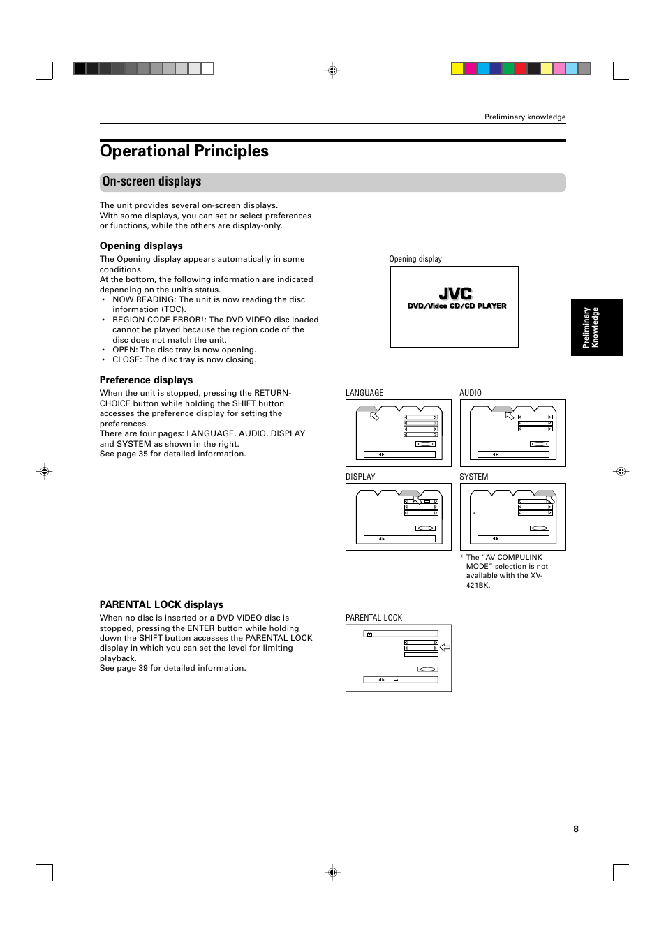 Operational principles, On-screen displays, Opening displays | Preference displays, Parental lock displays, Preliminary knowledge, Language audio display system, Parental lock | JVC XV-521BK User Manual | Page 11 / 52