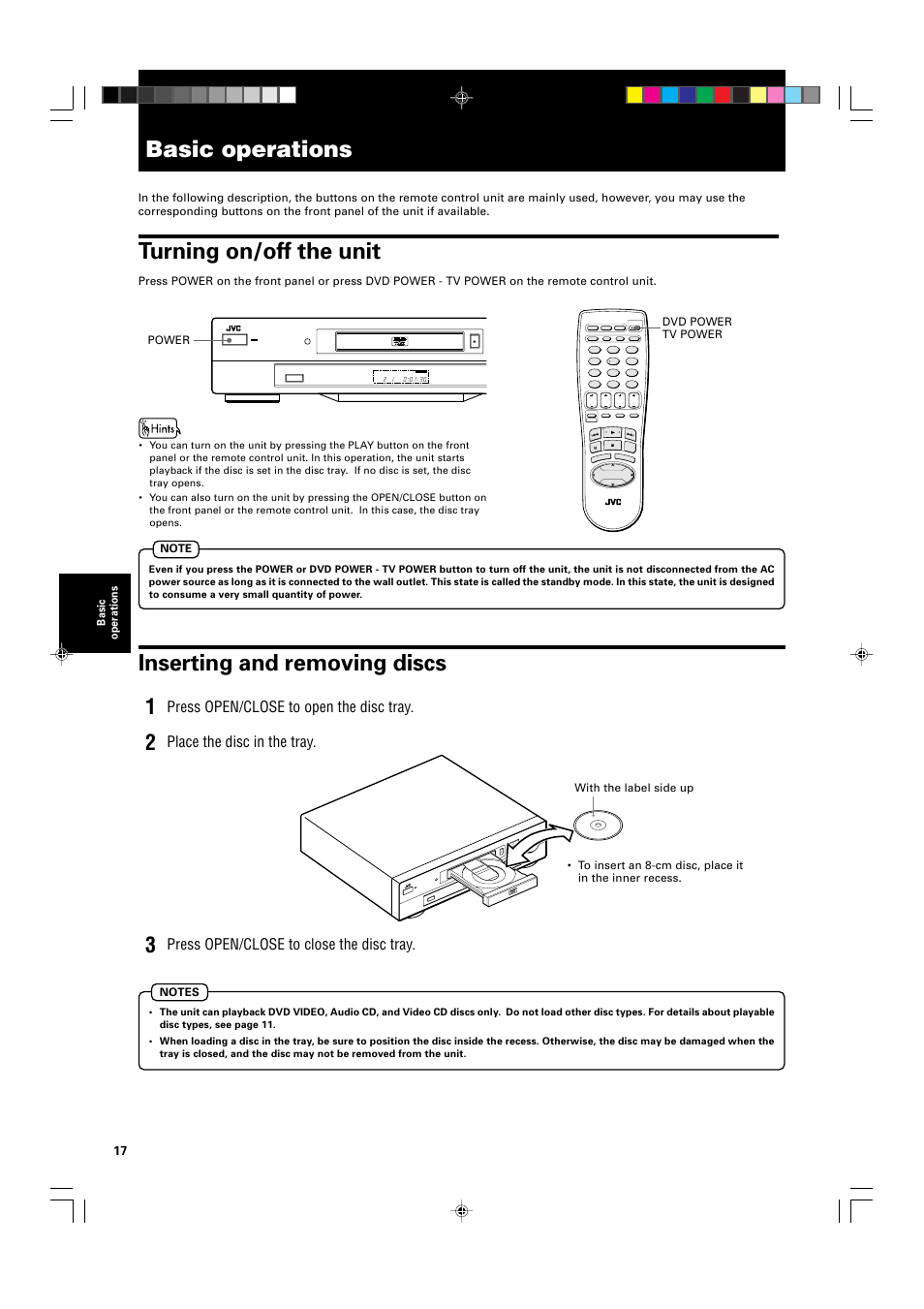 Basic operations, Turning on/off the unit, Inserting and removing discs | Press open/close to open the disc tray, Place the disc in the tray, Press open/close to close the disc tray, 03d phonic skip open/close stop pause play | JVC XV-521BK User Manual | Page 20 / 52