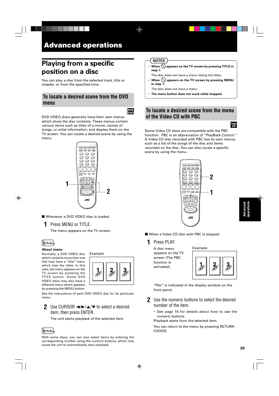 Advanced operations, Press menu or title, Press play | Whenever a dvd video disc is loaded, The menu appears on the tv screen. about menu, The unit starts playback of the selected item, Example, When a video cd disc with pbc is stopped | JVC XV-521BK User Manual | Page 23 / 52